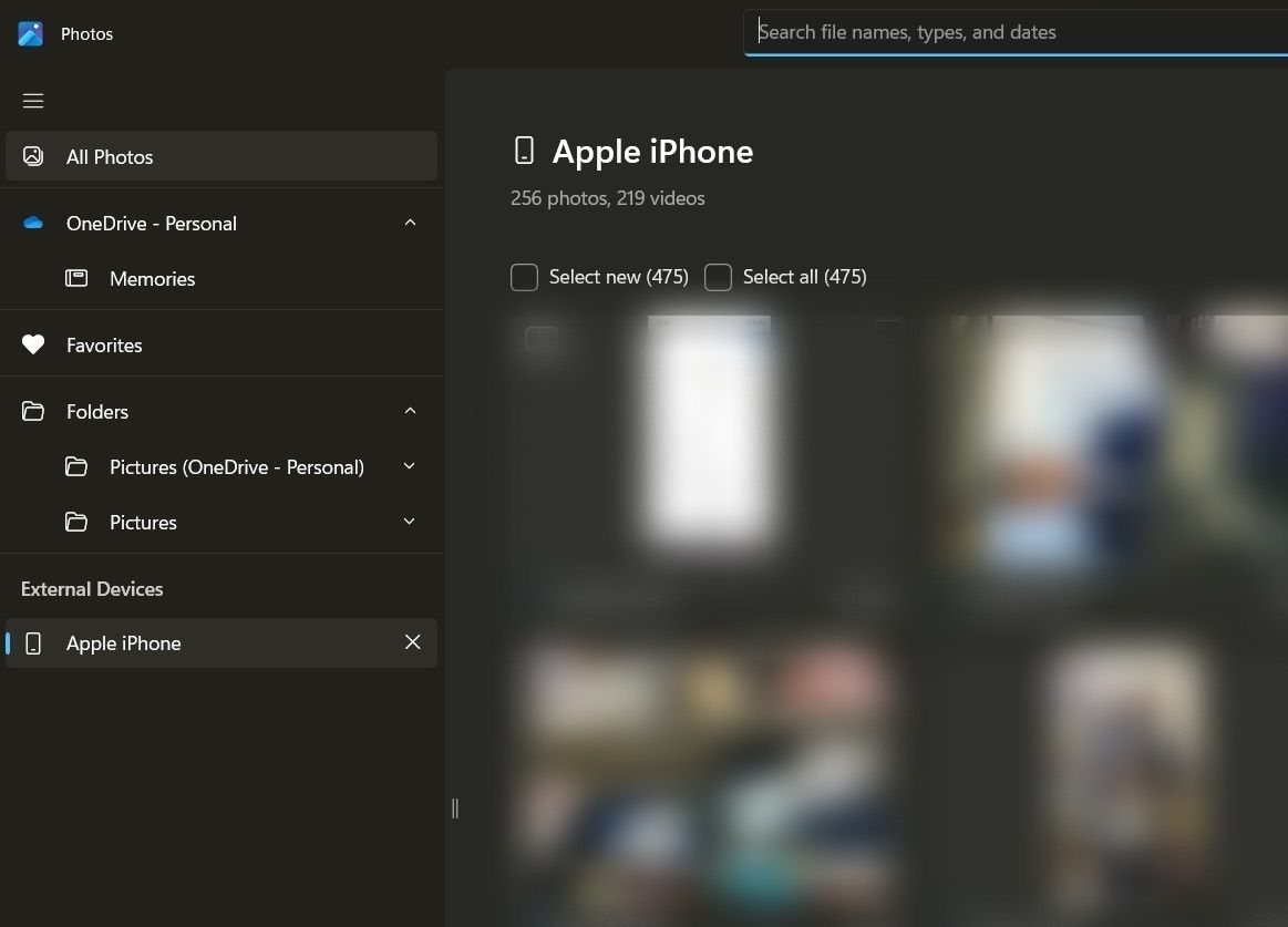 iPhone under External devices section in the Photos app on Windows