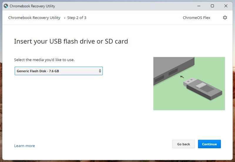 Selecting the USB Drive in Chromebook Recovery Utility