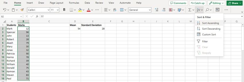 Sort dataset in ascending order