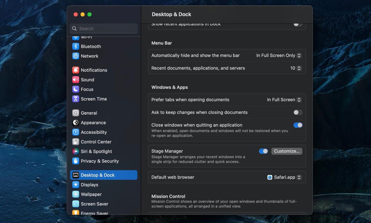 Stage Manager Settings in System Settings