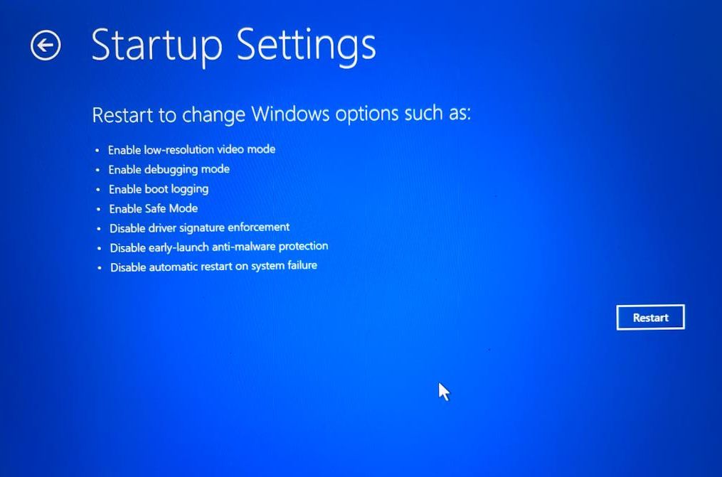 Startup Settings in Boot menu