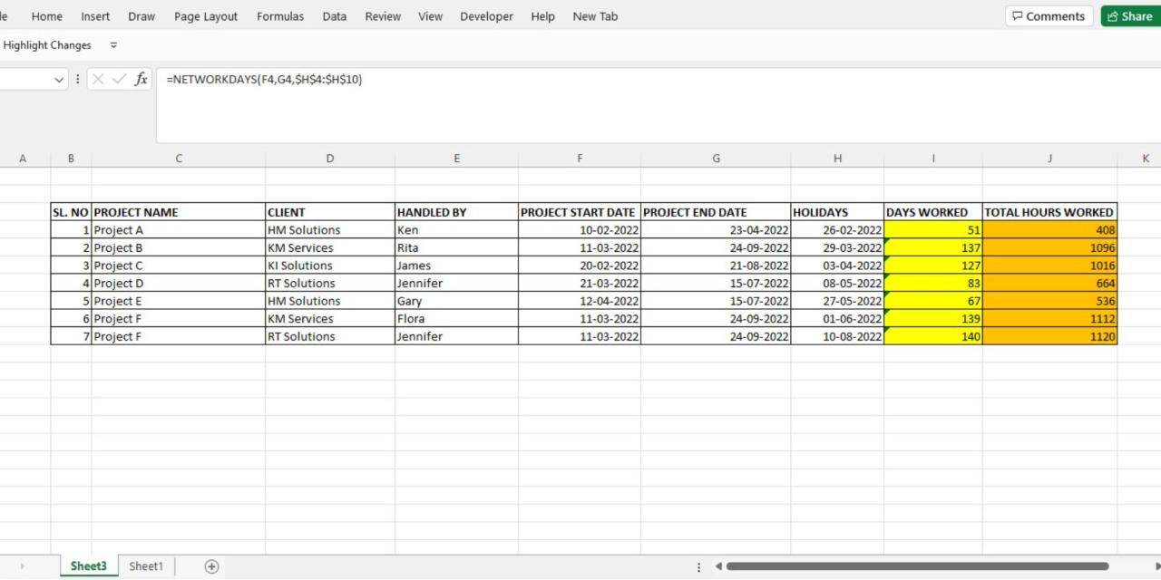 Total Days worked computed using NETWORKDAYS function