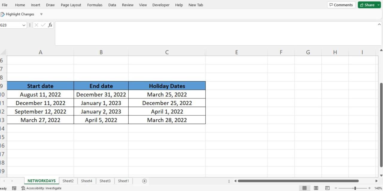 Source data for calculating business days using the NETWORKDAYS function