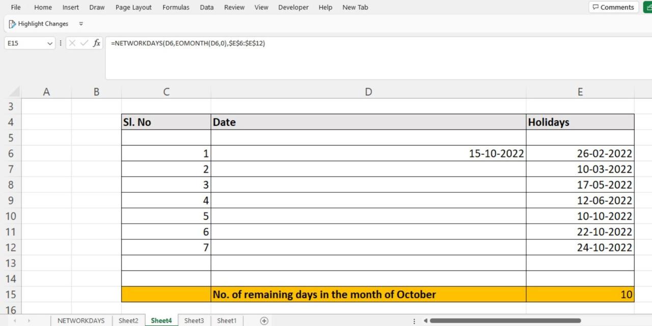 Using the EOMONTH and NETWORKDAYs functions to calculate remaining working days in a month