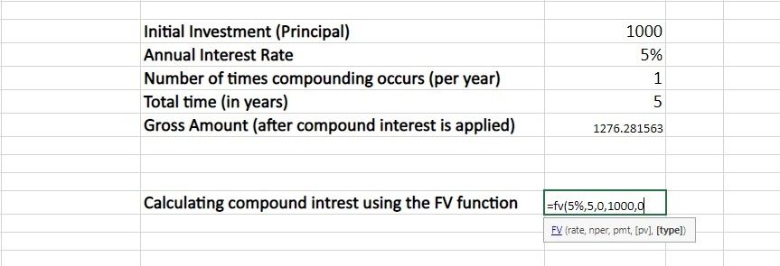 Using FV Function in MS Excel for Compound Interest