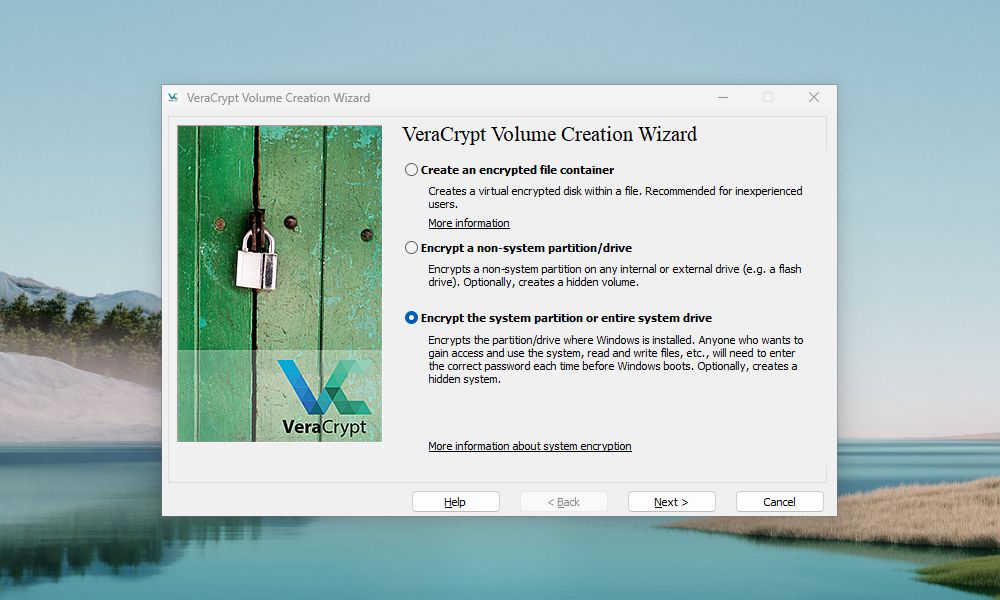 Window of VeraCrypt Volume Creation Wizard with \'Encrypt the system partition or entire system drive\' option clicked