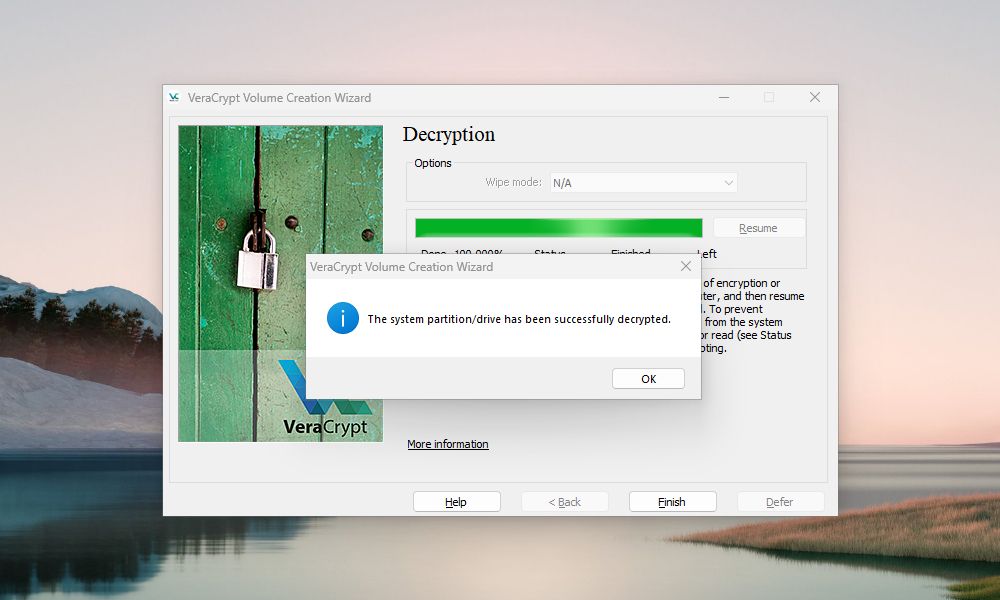 VeraCrypt Volume Creation Wizard pop-up notifying that the system drive decryption was successful