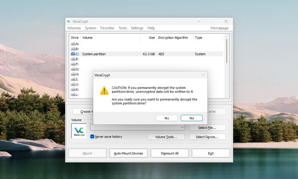 VeraCrypt permanent decryption caution pop-up 