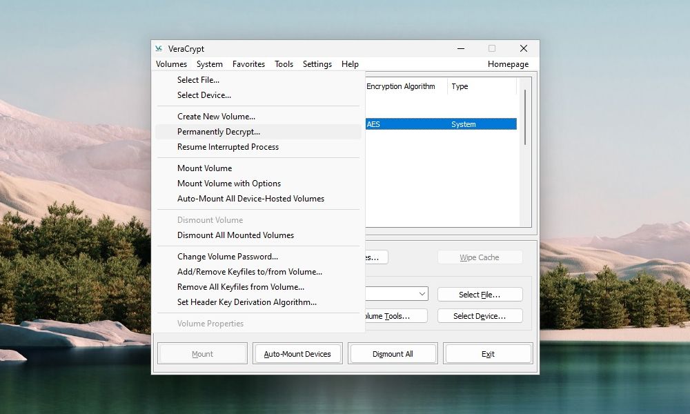 VeraCrypt main window with Permanently Decrypt option highlighted