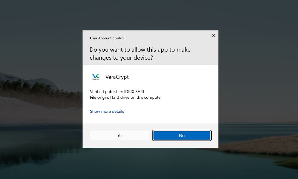 Windows User Account Control prompt for VeraCrypt