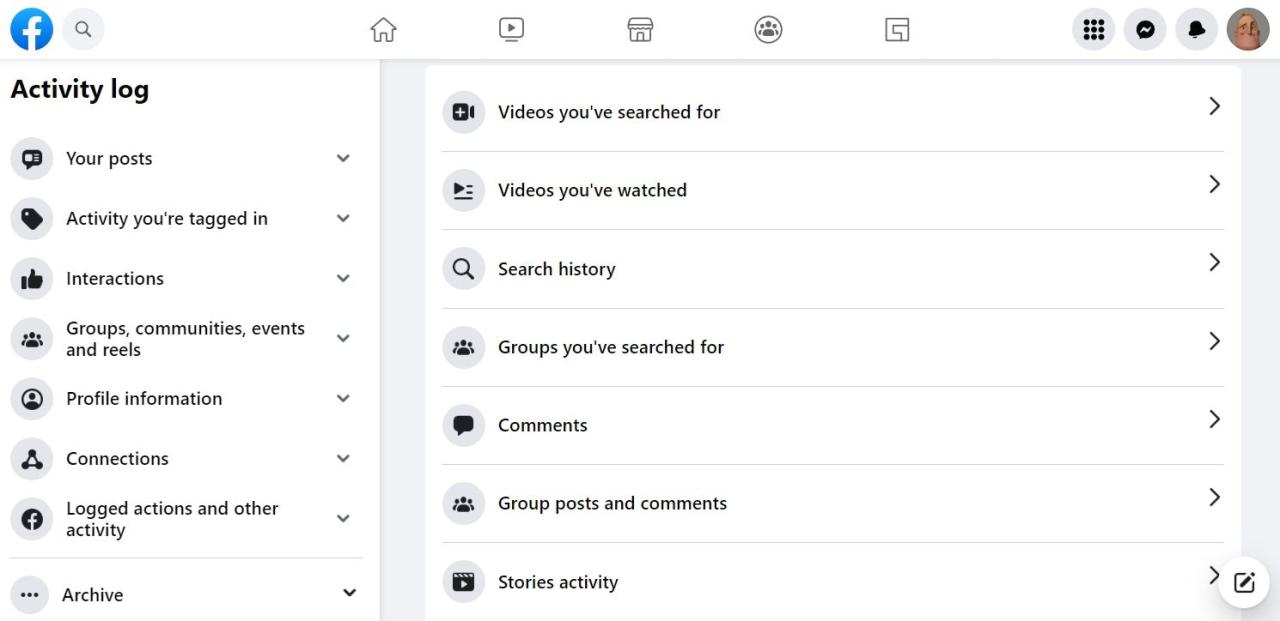 Videos you\'ve watched option in Facebook Activity log