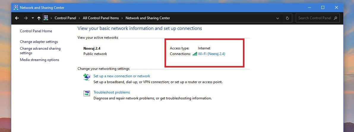 Wi-Fi Network in Network and Sharing Center