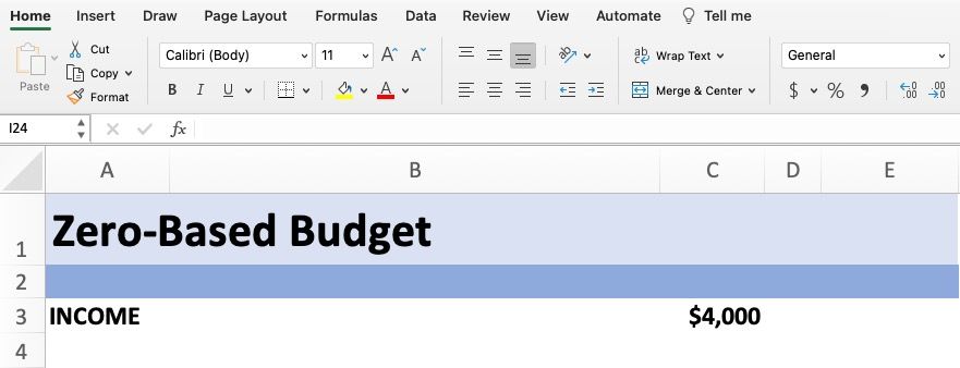 Screenshot of Excel spreadsheet showing income