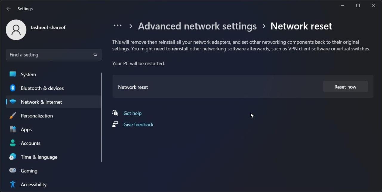 advanced network settings windows 11 network reset reset now