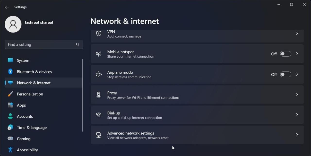 advanced network settings windows 11