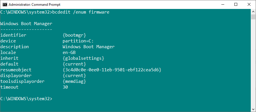 command prompt bcdedit enum firmware