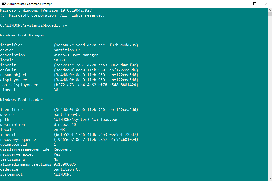 command prompt bcdedit