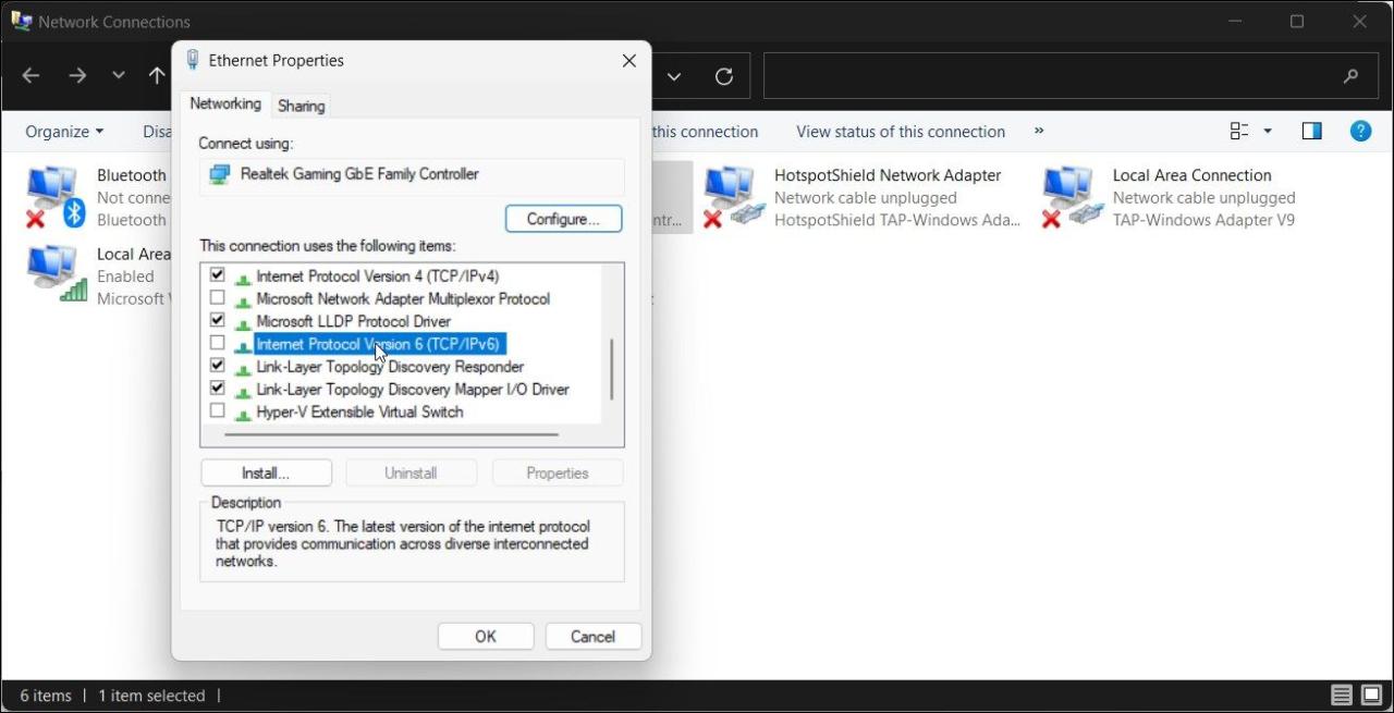 control panel disable IPv6