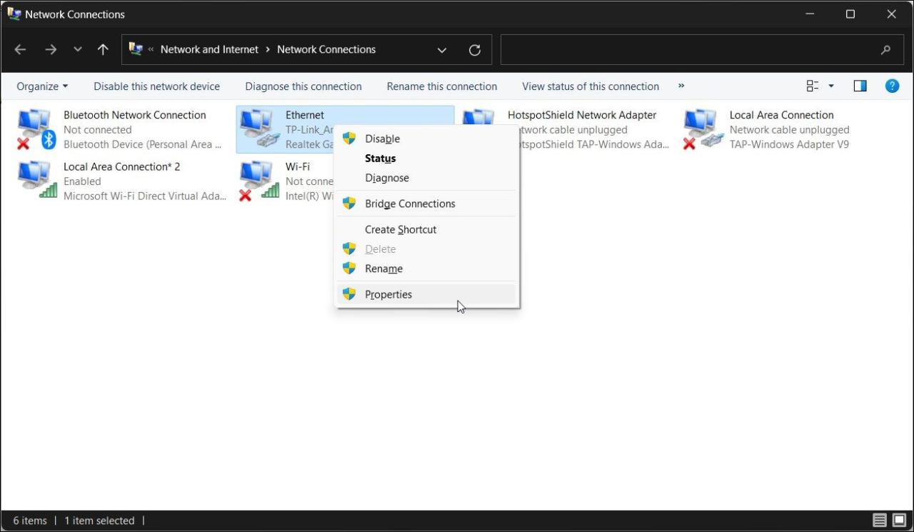 control panel network adapter properties