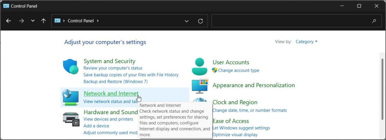 control panel network and internet