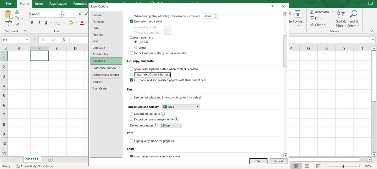 Advanced Excel settings