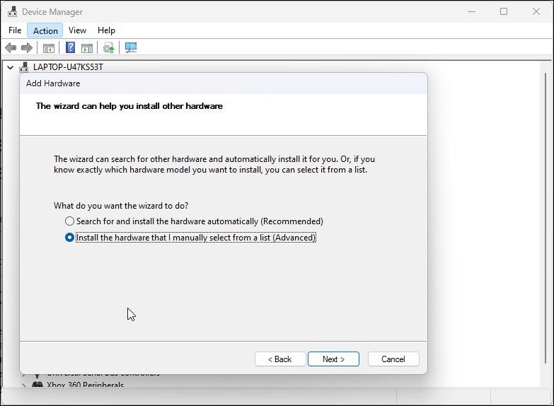 device manager install hardware that i manually select from list