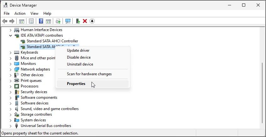 device manager standard sata ahci controller properties