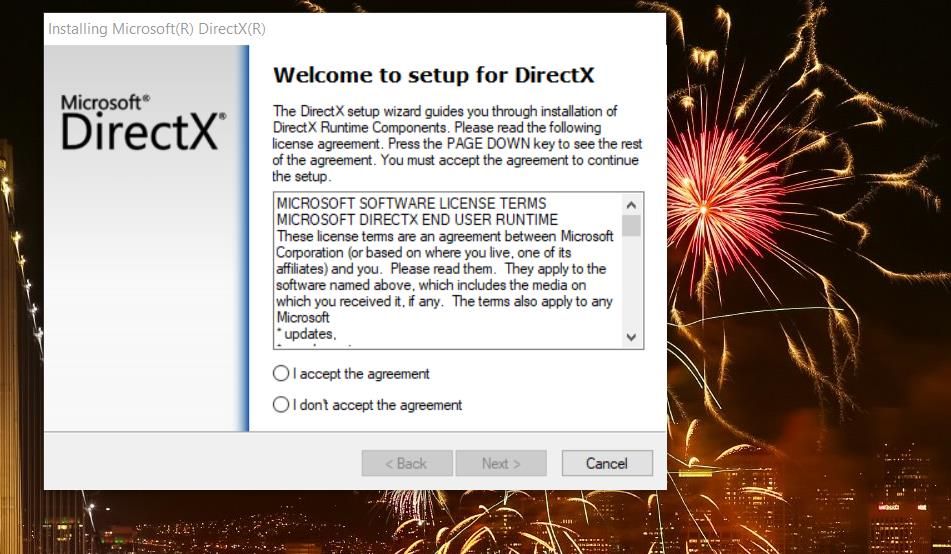 The DirectX setup wizard