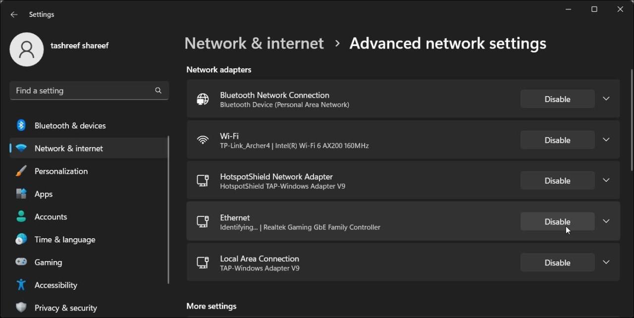 disable ethernet network adapter windows 11