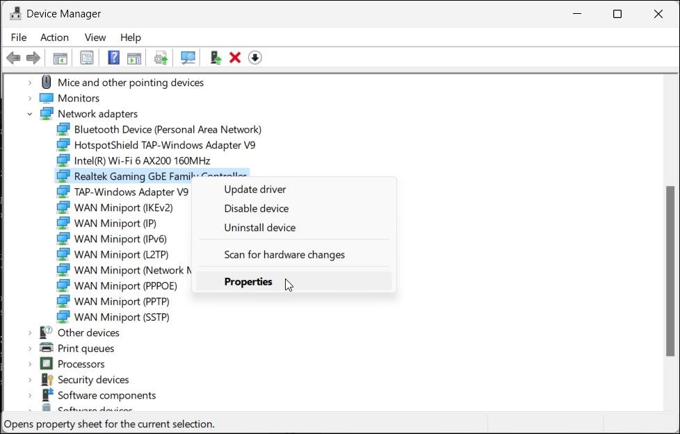 ethernet adapter properties device manager