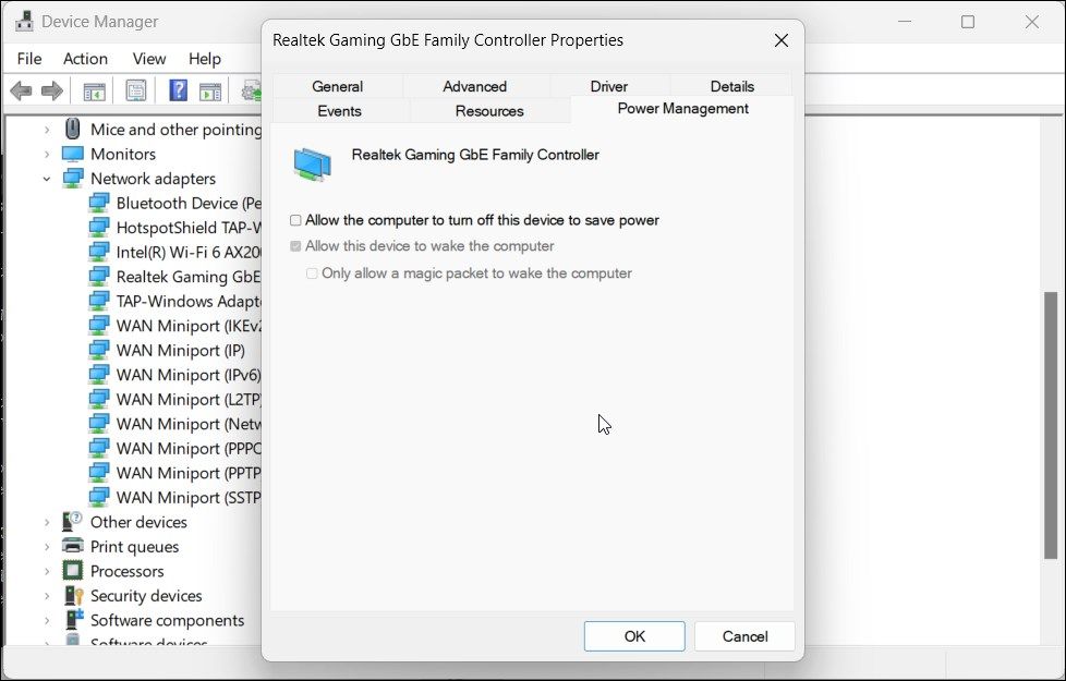 ethernet adapter properties power management off windows 11