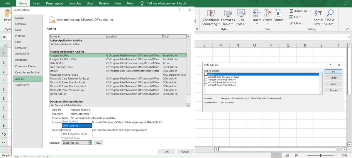 Excel add-ins settings