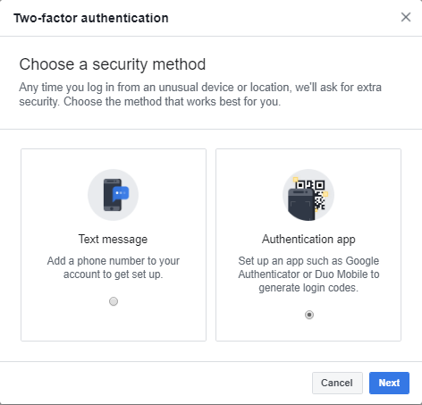 facebook enable 2fa options