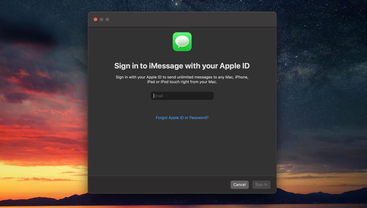 iMessage Log in Window