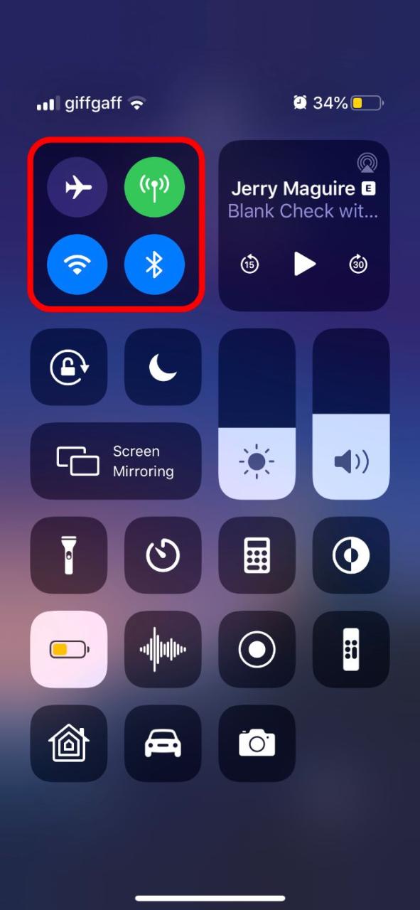 iPhone Control Center highlighting top-left section