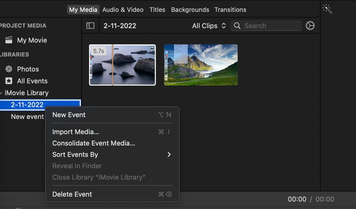 iMovie event control-click menu