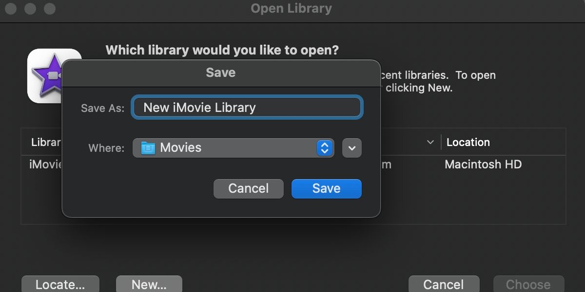 iMovie create new library window