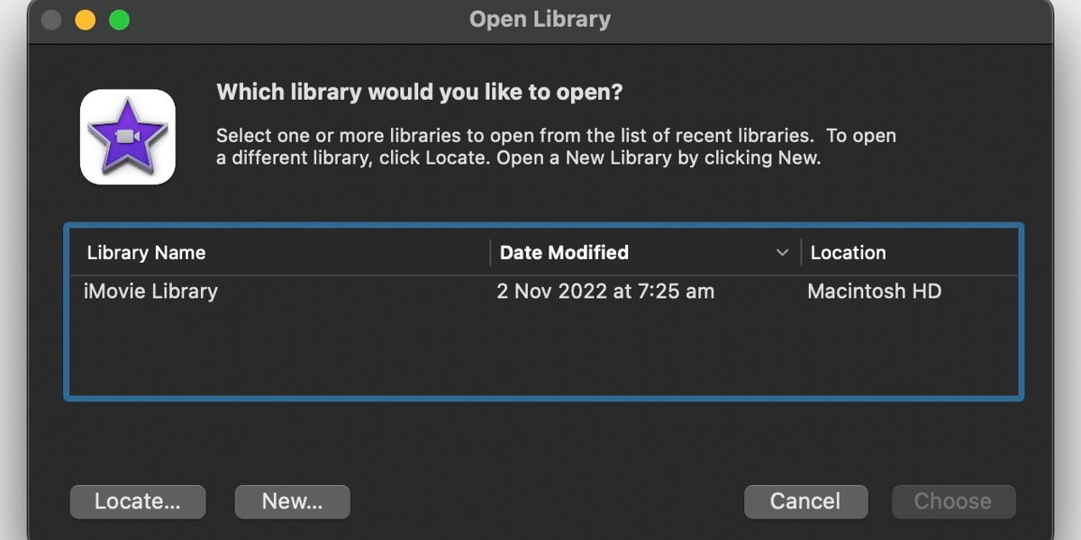 iMovie choose library window