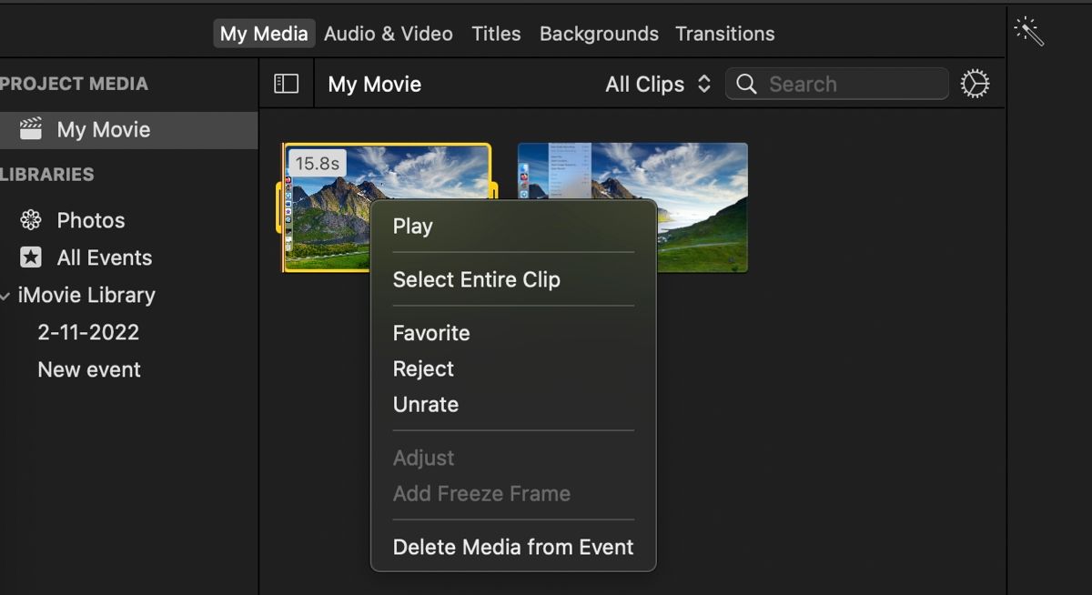 iMovie clip control-click menu