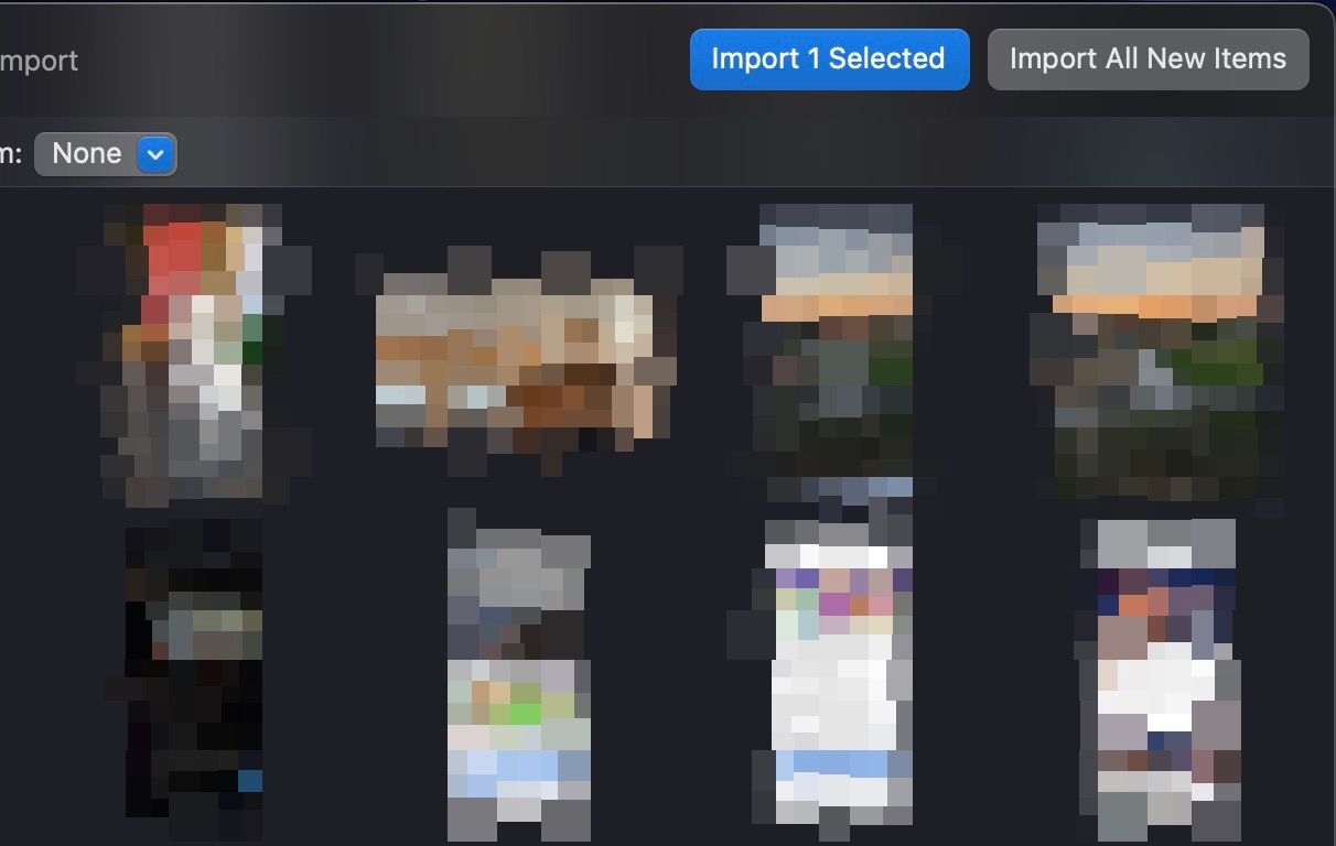 Import 1 Selected and Import All New Items Option in the Photos app on Mac