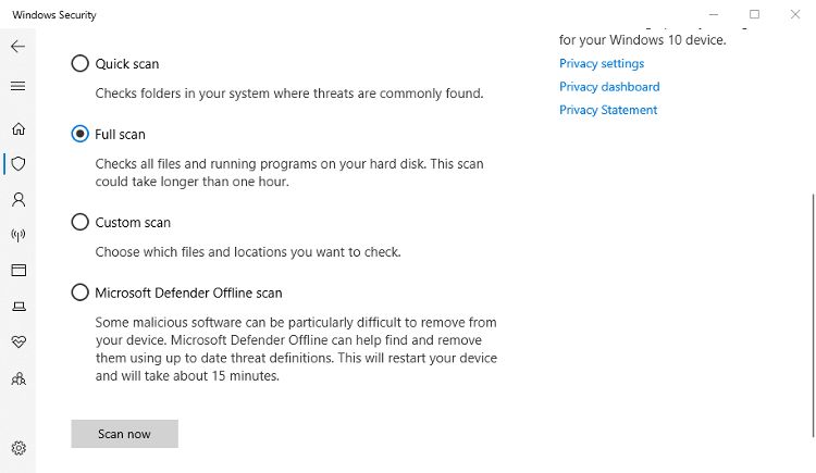 Scan options in Microsoft defender