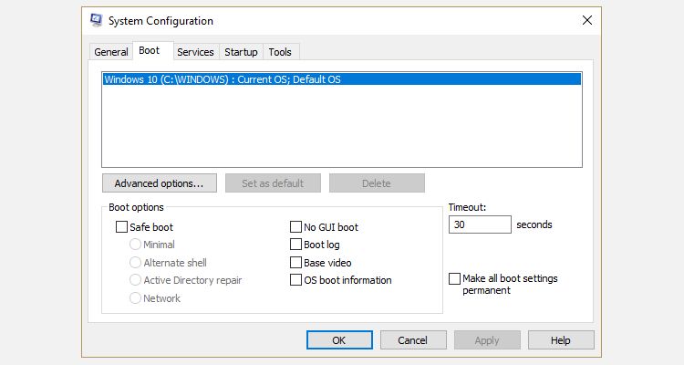 msconfig boot menu options