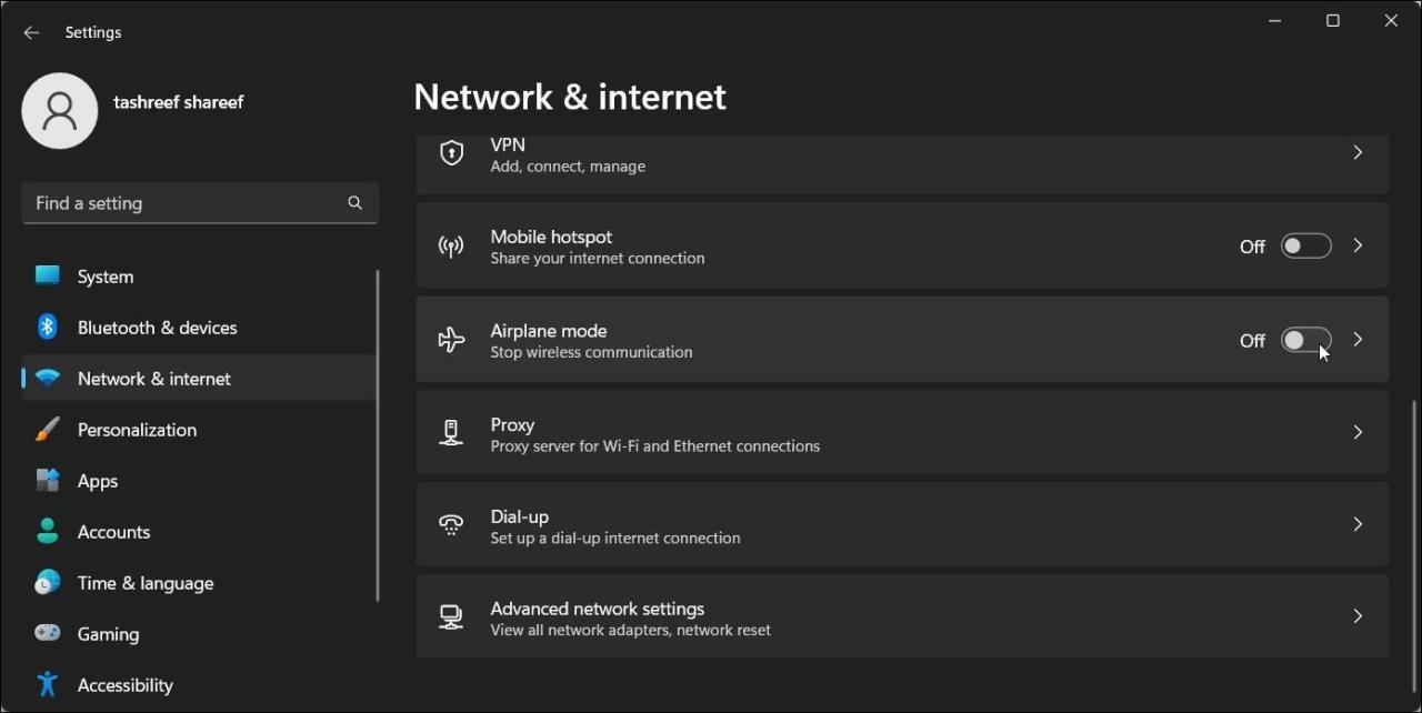 network and internet ariplane mode off windows 11 settings