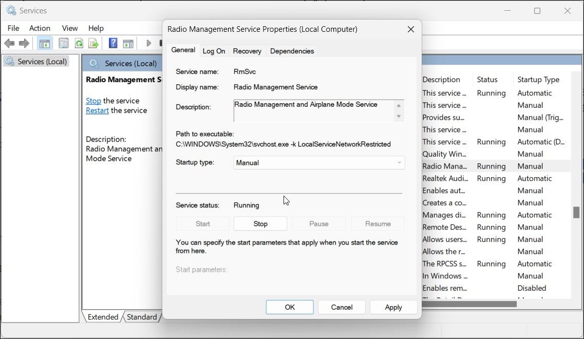 radio management properites startup type manual windows 11