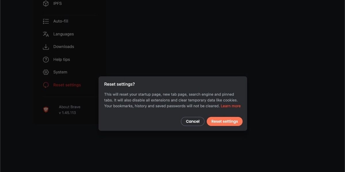 reset settings on brave