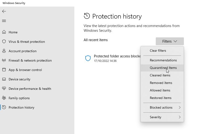 filtering quarantined files in defender