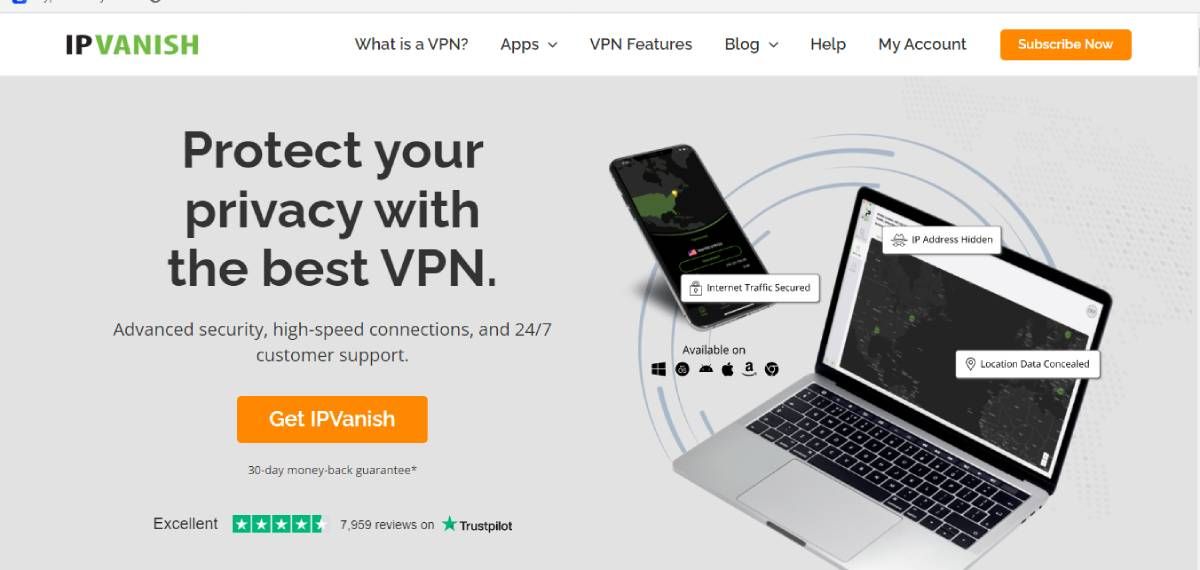 screenshot of ipvanish homepage