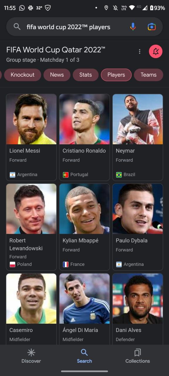 List of tiles representing soccer players