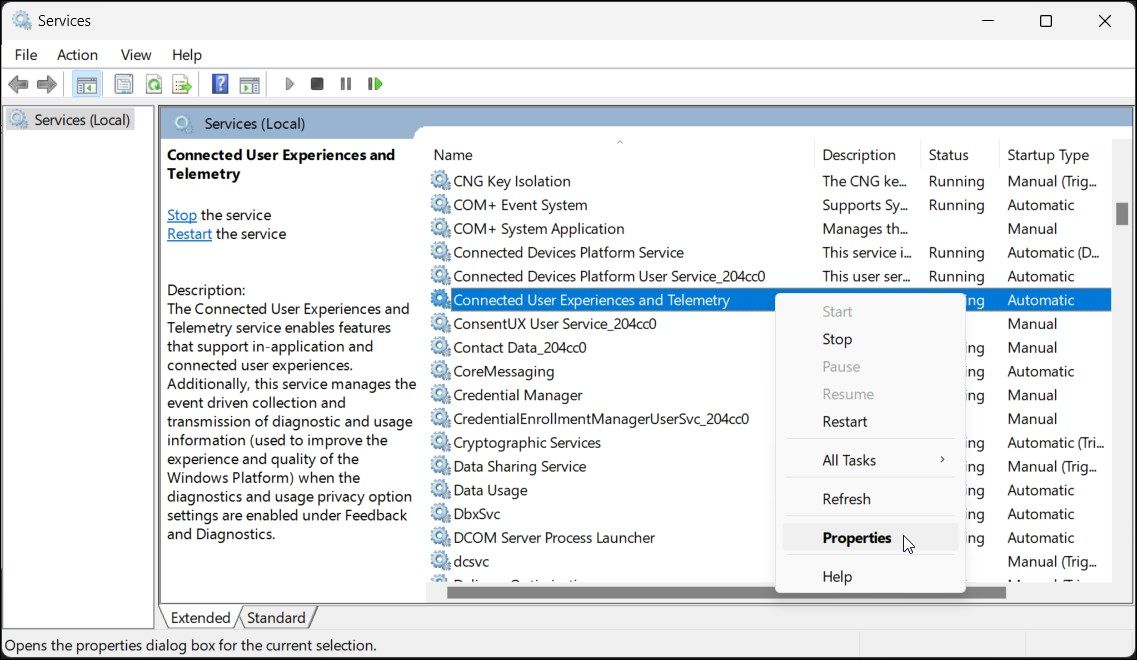 services connected user experiences telemtry service properties