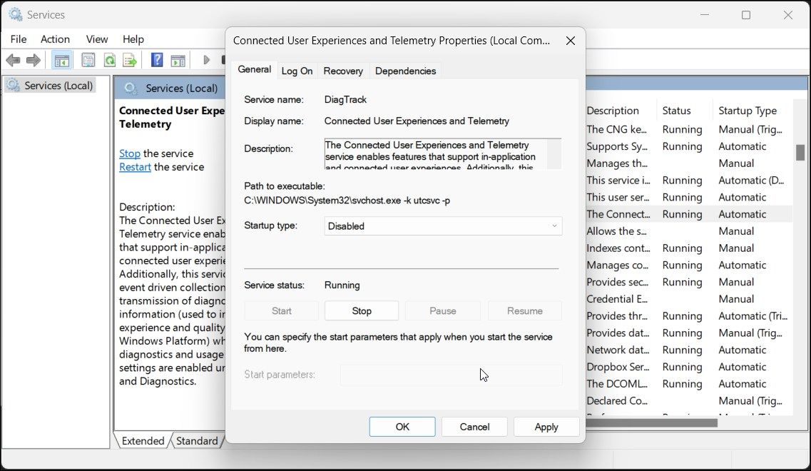services connected user experiences telemtry service startup type disabled